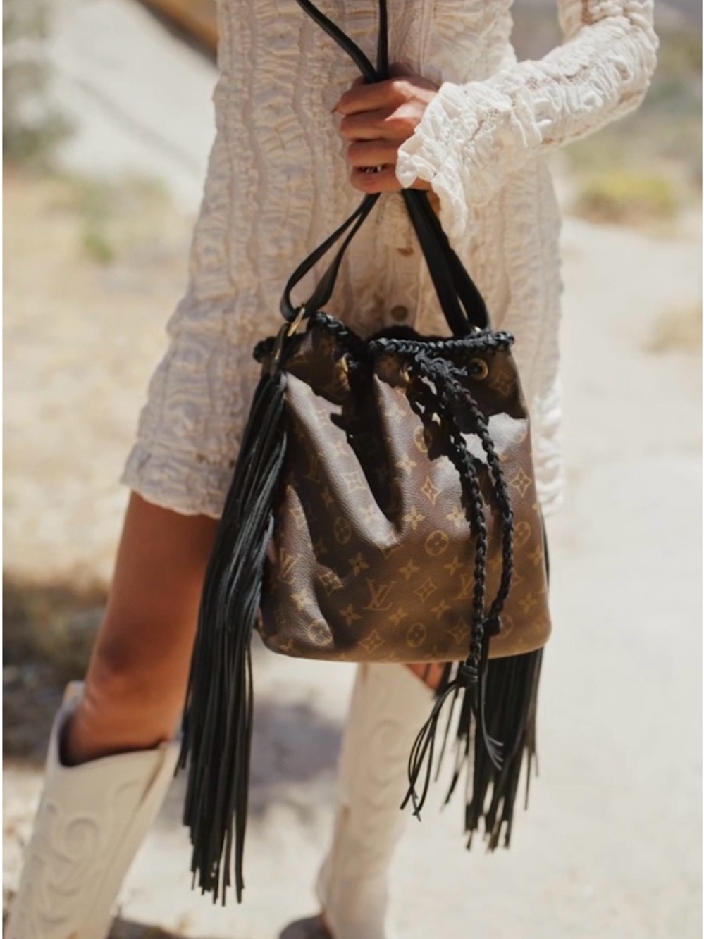 Monogram Drawstring Bucket Bag in Brown and Black with Original Dustbag - Picture 2 of 16